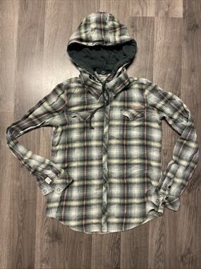 Billabong Womens Small Plaid Hooded Flannel Shirt Jacket Detachable Snap Hood